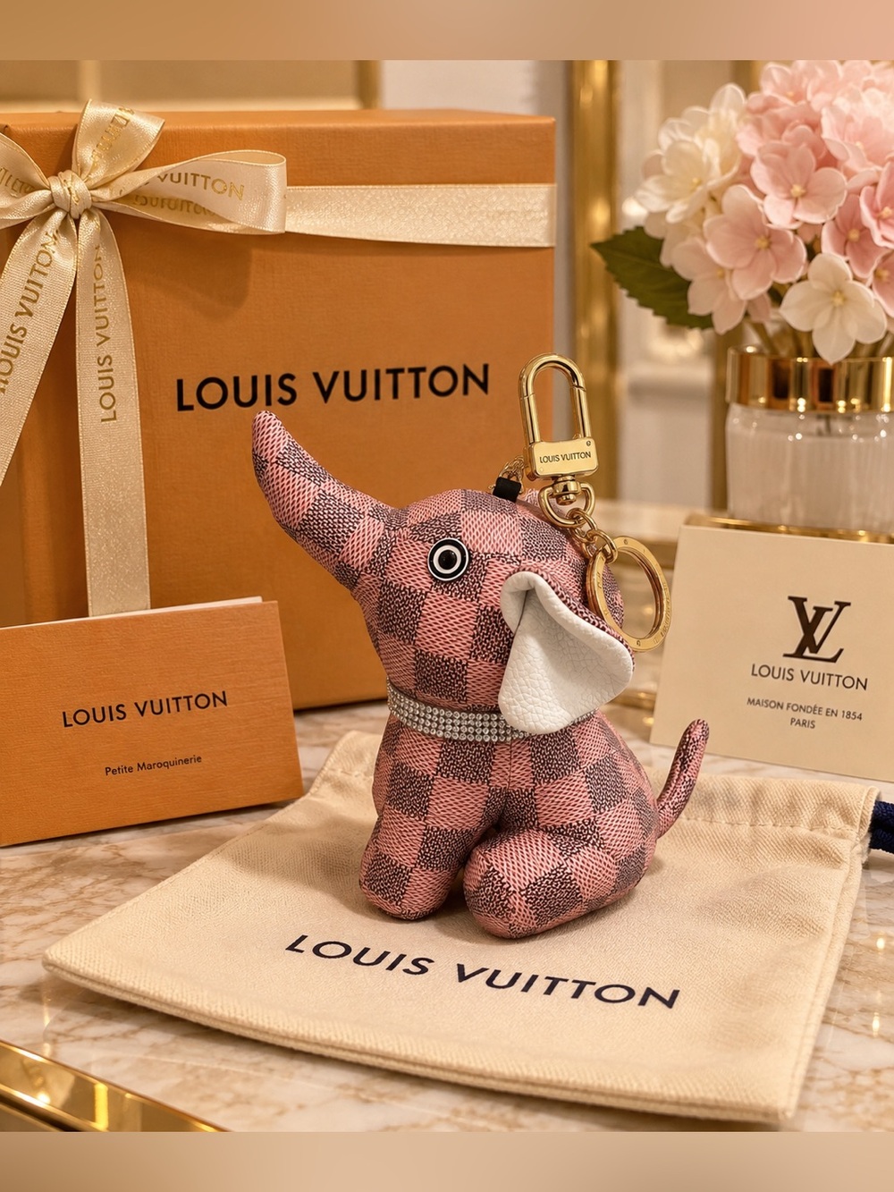 Pink Checkered Elephant Keychain